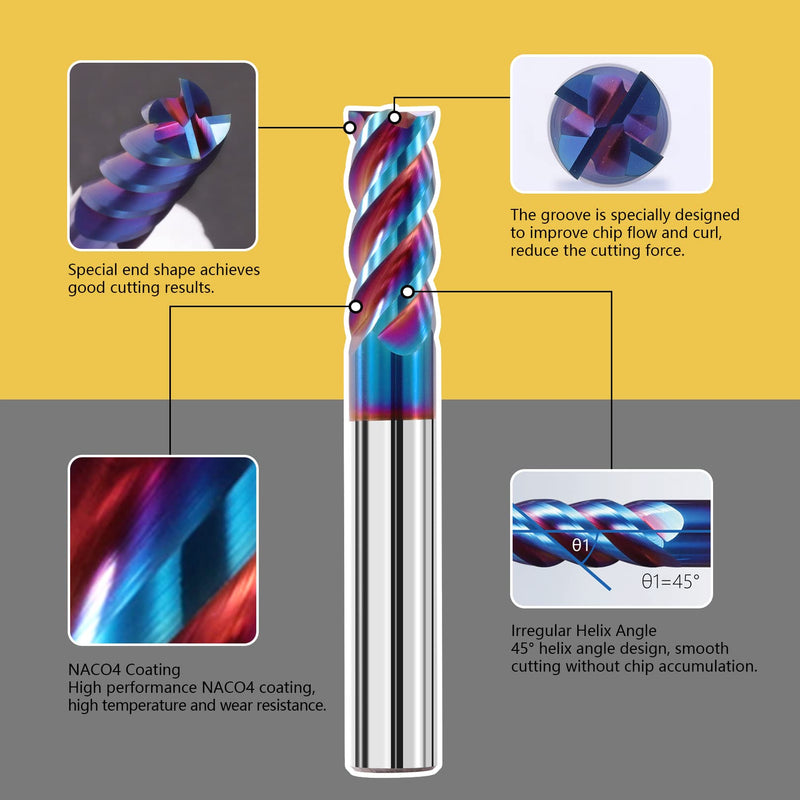 5PCS 1/8" Solid Carbide Square Nose End Mills Set 65HRC Tungsten Steel Milling Cutter 4 Flute CNC Milling Bits for Stainless Steel Hardness Steel 1/8 in 5