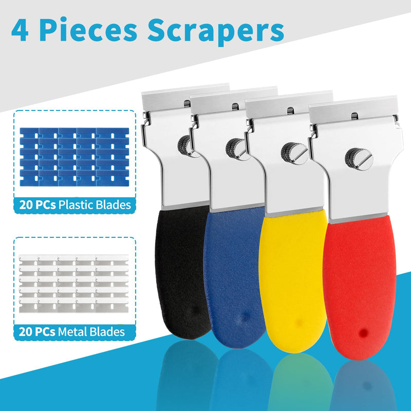 4 Pack Razor Blade Scraper, with 20 Metal & 20 Plastic Blades, Multi-Purpose Cleaning Remover Tool for Glass Caulk, Adhesive, Wall, Stovetop, Paint, Window, Sticker, Tile, Label Decals 4 Pack