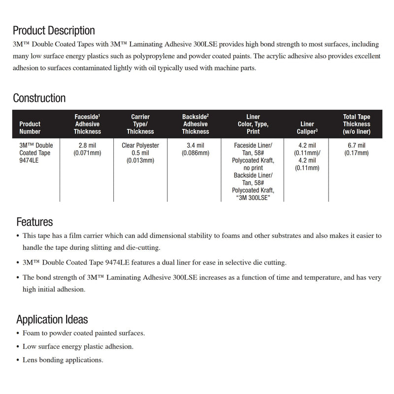 3M 9474LE 300LSE Double Sided Adhesive Transfer Tape. Pack of 5 Sheets 12" x 9.5" 12" x 9.5"