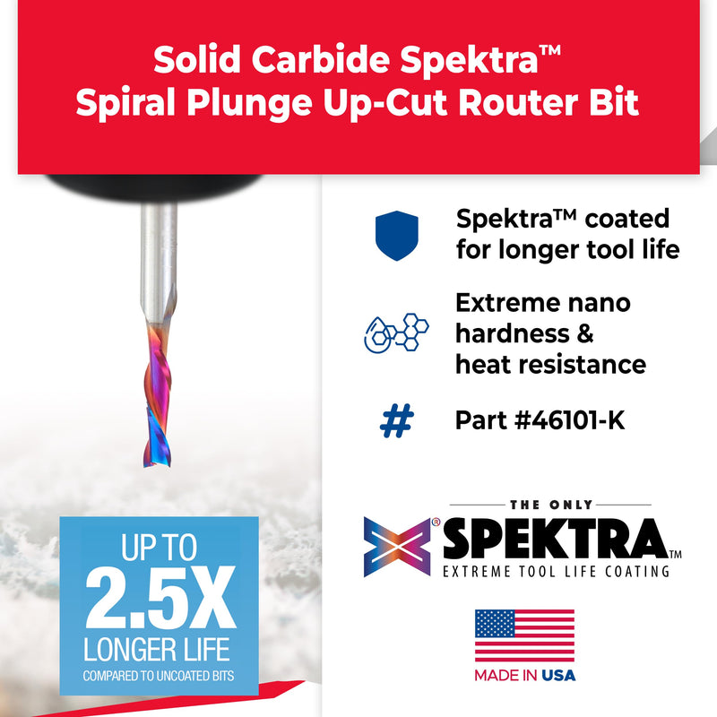 Amana Tool Spektra Extreme Tool Life Coated Solid Carbide Spiral Plunge Router Bit, 46101-K, 3/16 Dia x 3/4 CH x 1/4 Shank 2 Inch Long Up-Cut
