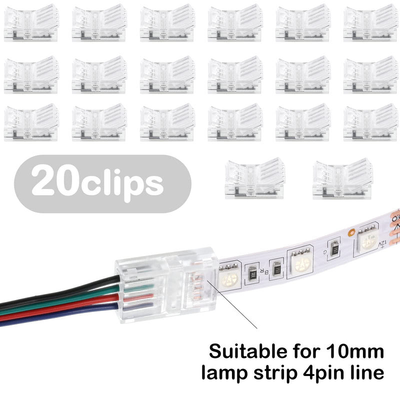 Flutesan 20 Pcs 4 Pin 10 mm LED Strip Connector RGB Lights Waterproof Adapter 22 AWG Wires Connector for Strip Light Unwired Gapless Track 5v 12v 24v 4 Pin, 10 mm
