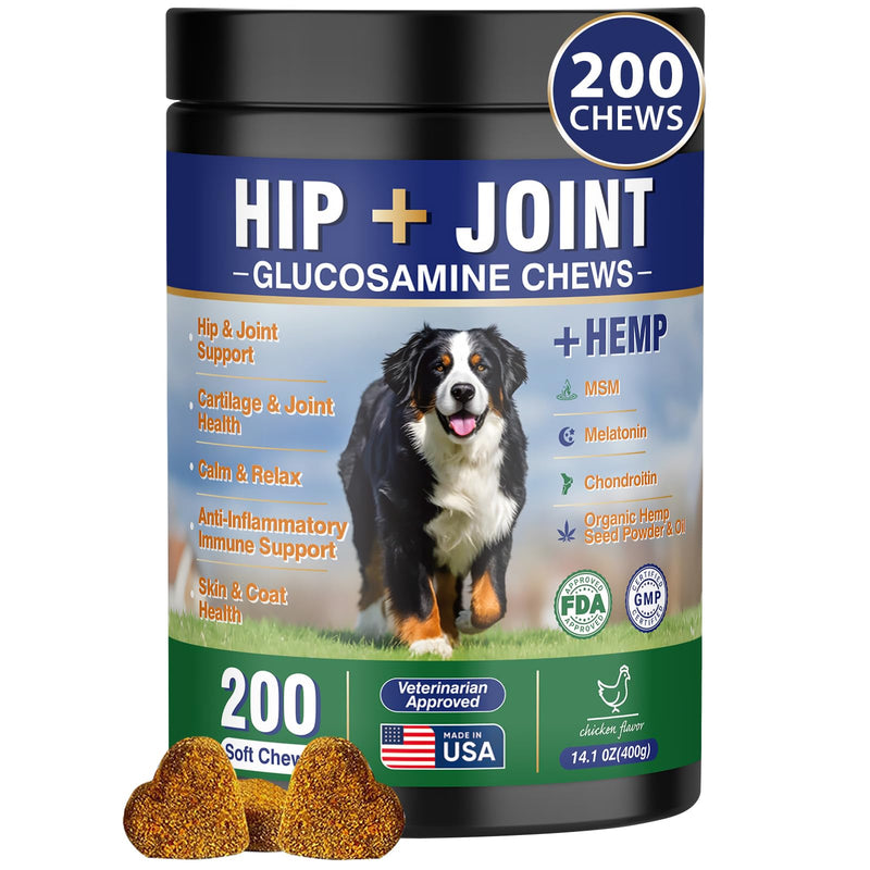 200ct Hip and Joint Supplement for Dogs Dog Calming Chews with Hemp Glucosamine, MSM, Chondroitin, Omega-3, Melatonin for Senior Dogs Anxiety, Pain Relief Anti Inflammatory Small/Medium/Large Breed