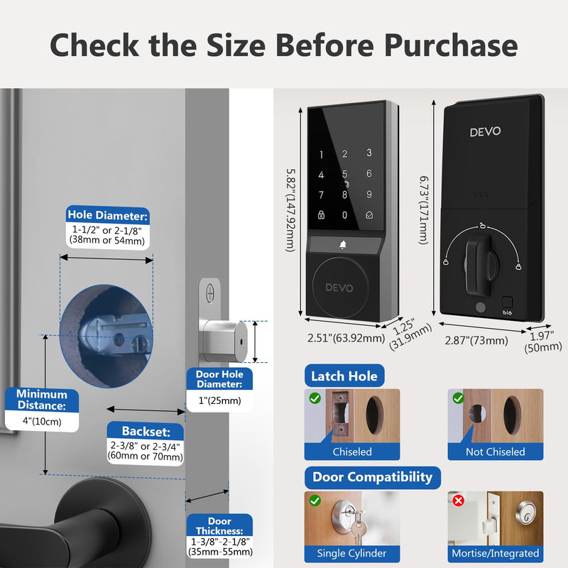 Devo G4 Smart Lock,Keyless Entry Door Lock,Bluetooth Smart Deadbolt, App Remote Control,Digital Touchsreen Keypad Lock, IP54 Waterproof Front & Back Electronic Dook Lock,Auto Locks(Silver) G4 Bluetooth Touchscreen Silver