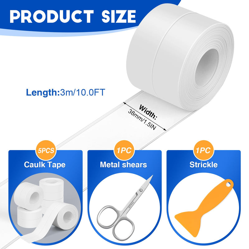 White Caulk Tape,5 Rolls Caulk Tape Waterproof Self Adhesive, Toilet Caulk Strip,Caulk Tape for Bathtub, Kitchen, Countertop,Sink,Wall Tile Edge Peel and Stick Caulk Sealing Tool (1.5" x10Ft)