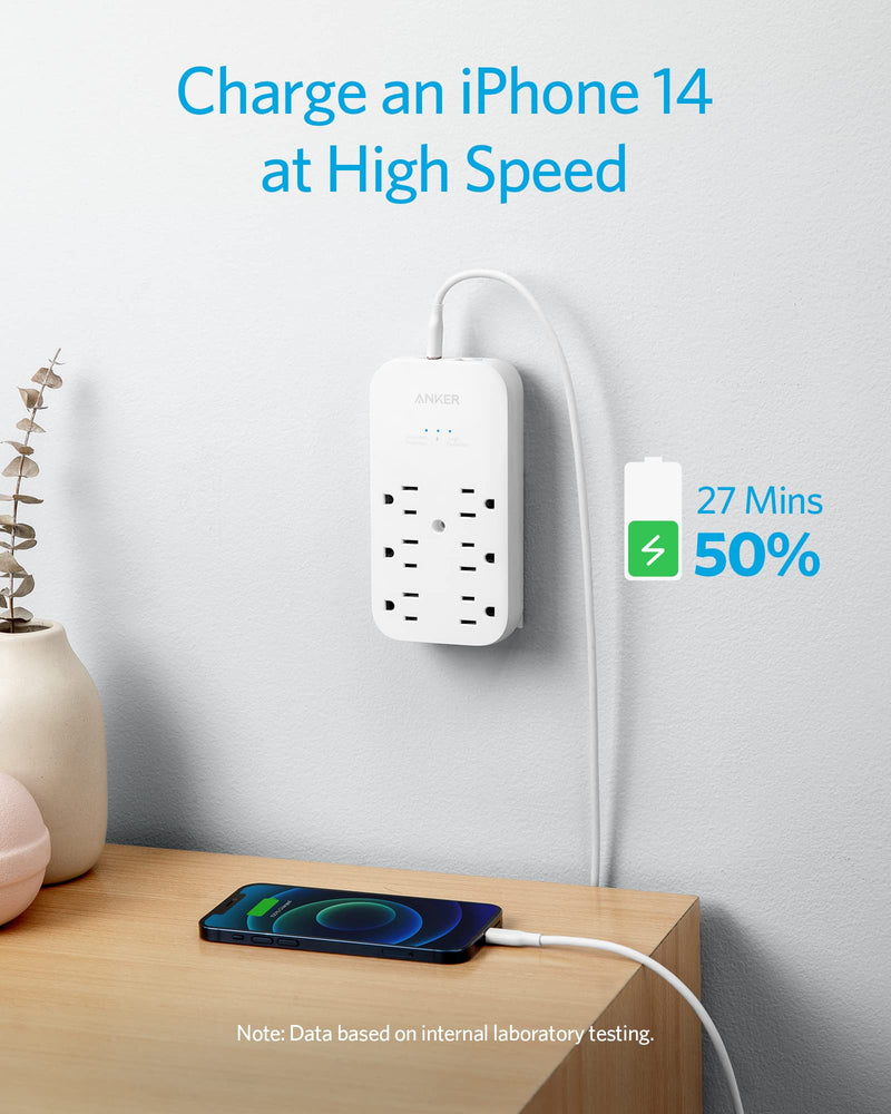 Anker Outlet Extender and USB Wall Charger, 6 Outlets and 2 USB Ports, 20W USB C Power Delivery High-Speed Charging iPhone 15/15 Plus/15 Pro/15 Pro Max, Multi-Plug for Dorm, Home, and Office, White 1