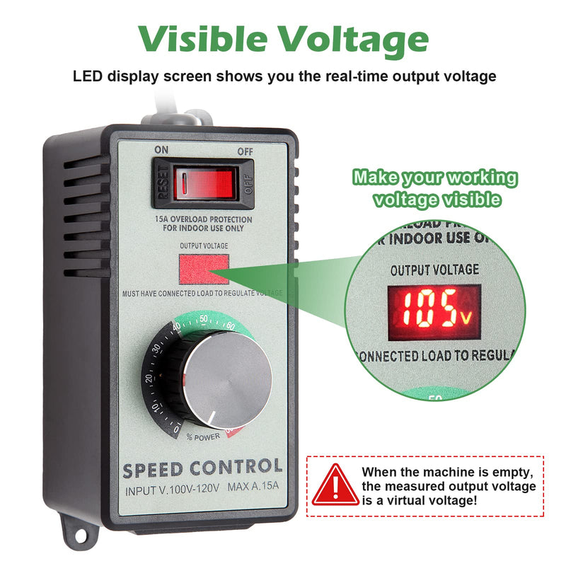 AC Motor Speed Controller 110-120V / 15A Max, Variable Fan Speed Controller AC Electronic Voltage Regulator with Overload Protection Switch & Voltage LED Display Screen Plastic