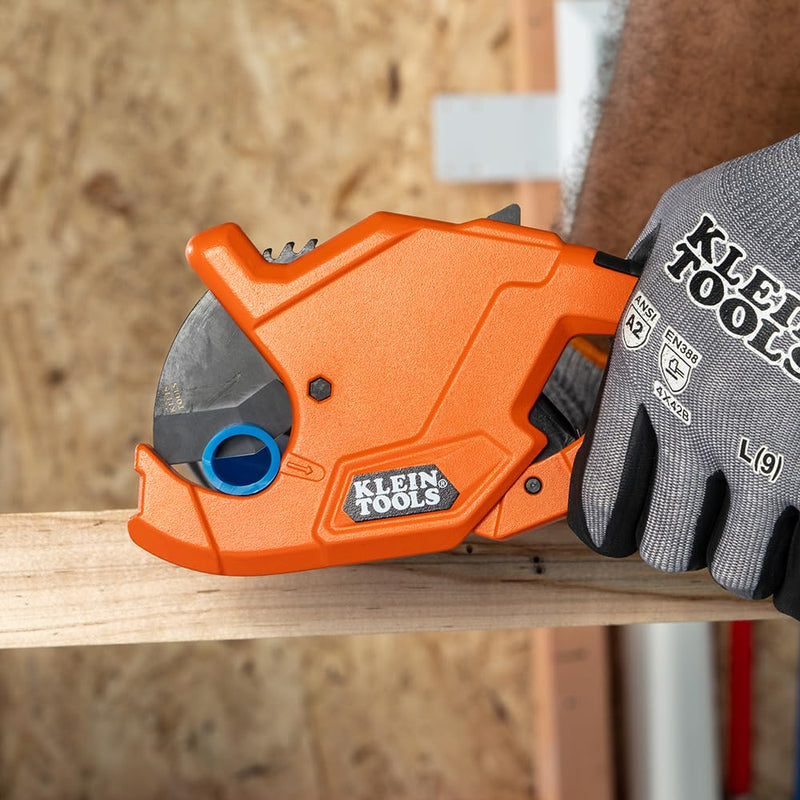 Klein Tools 50044 Ratcheting PVC Pipe Cutter Tool, 1-1/4 Inch I.D. Cutting Capacity for PVC, CPVC, and PEX Pipes, One-Handed Blade Retraction