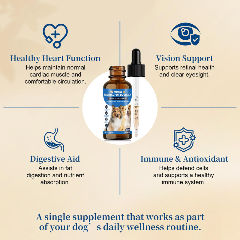 Liquid Taurine Supplement for Dogs - Bacon Flavor Dog Heart & Circulation Support with Dropper - Essential Amino Acid for Daily Nutritional Balance - 60ml