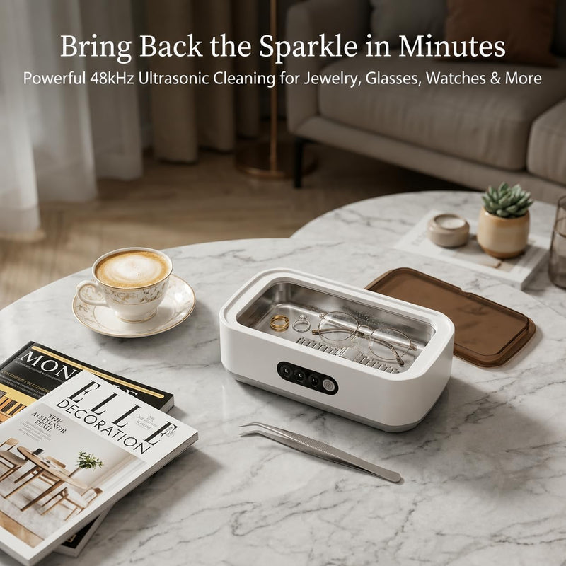 BeGrit 48KHz Ultrasonic Jewelry Cleaner, 3 Timer Modes, Stainless Steel Tank, White Cleaner with Lid & Tweezers for Rings, Glasses, Watch Bands