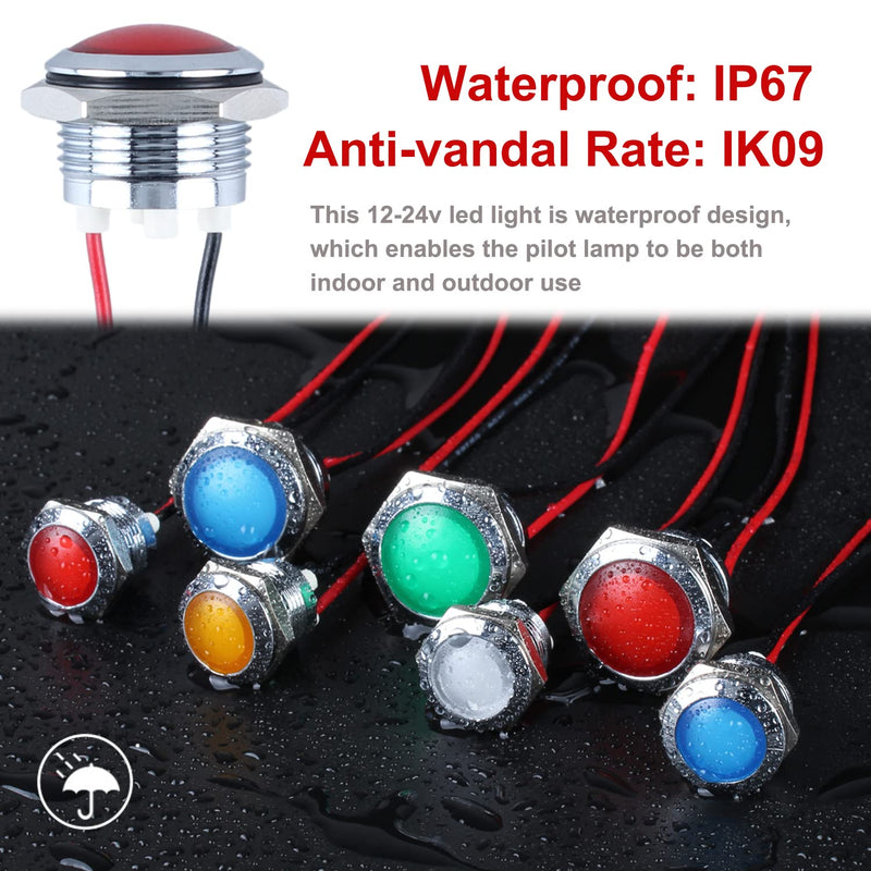 2Pcs 16mm 12V-24V 20mA Metal Energy Saving LED Indicator Light Spherical Round Signal Lamp 0.47" Mounting Hole Waterproof with 15cm/5.91in. Wire for Car Truck Boat Red LED