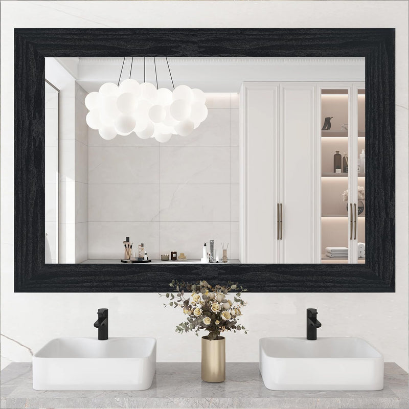 Black Wood Mirror Frame Border - 393.7"x3.9" Wallpaper Border Peel and Stick - Self-Adhesive and Removable Wood Grain Mirror Frame Wallpaper for Bathroom Waterproof Mirror Border Peel and Stick Tape