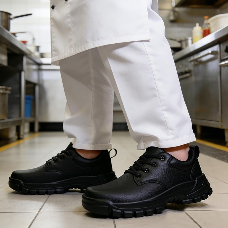 Non Slip Work Shoes for Men Waterproof Leather Kitchen Chef Shoes Black 10 | Restaurant Working Sneakers, Comfortable Lightweight Walking Daily Wear, Non Slip, Nursing Fashion Sneakers for Food Service