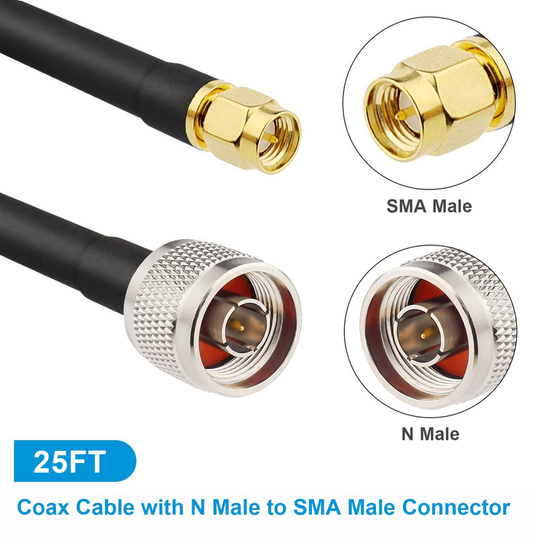 N Male to SMA Male Cable 25ft Low Loss RG58 SMA to N Cable 50 Ohm for WiFi Router,GPS Receiver,Antenna,Signal Booster Use