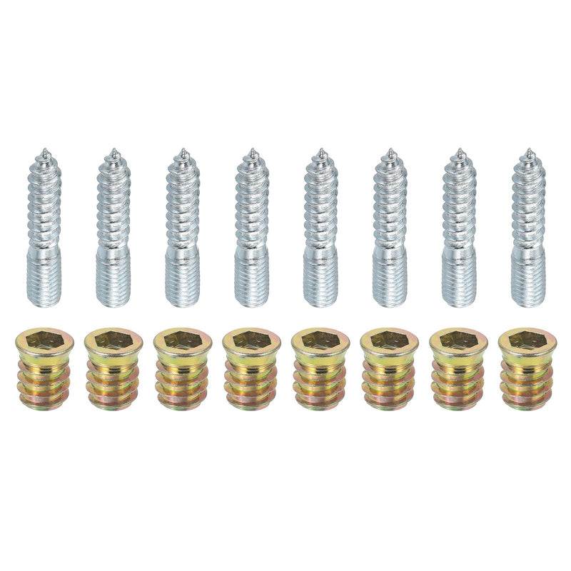 uxcell M10x50mm Hanger Bolts, 8pcs 30mm Wood Dowel Screw Self-Tapping Screw with 8pcs M10x20mm Threaded Insert Nuts Interface Hex Socket Drive, for Joint Furniture Legs 8