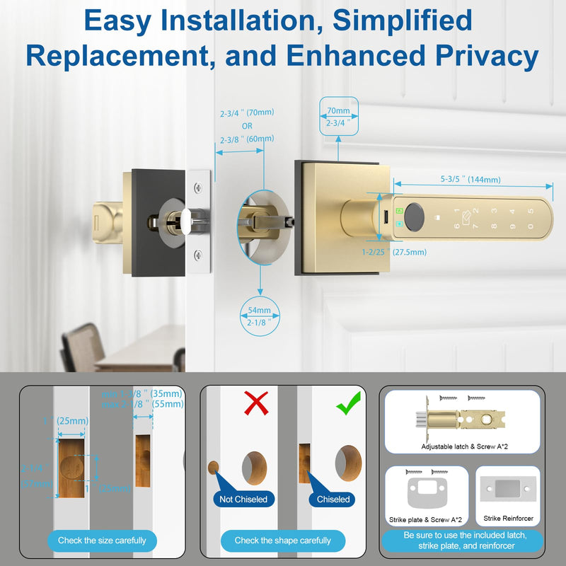 Gold Fingerprint Door Lock Smart Finger Print Door Knob Keyless Bedroom Door Lock with Keypad App Control Easy Installation for Home Bedroom Office,2 Fob Cards 2 Fob Cards Gold Fingerprint Door Knob