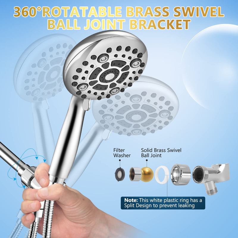 6 Spray Modes High Pressure Handheld Showerhead Set Upgraded 5 Inches Shower Head with Handheld Spray Premium Chrome Handheld Shower Head 60 Inches Stainless Steel Hose-1-Min Install 6 Modes ‎Premium Chrome