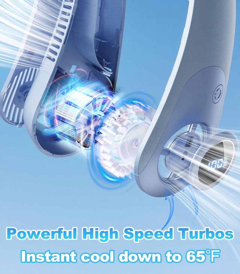 Portable Neck Fan With LED Display, Hands-free 5 Speeds Cooling, Neck Support, Lightweight, Battery Operated, Personal Bladeless Fan Rechargeable, Gift for Women Men, Hot Flashes, Travel, Camping ocean blue