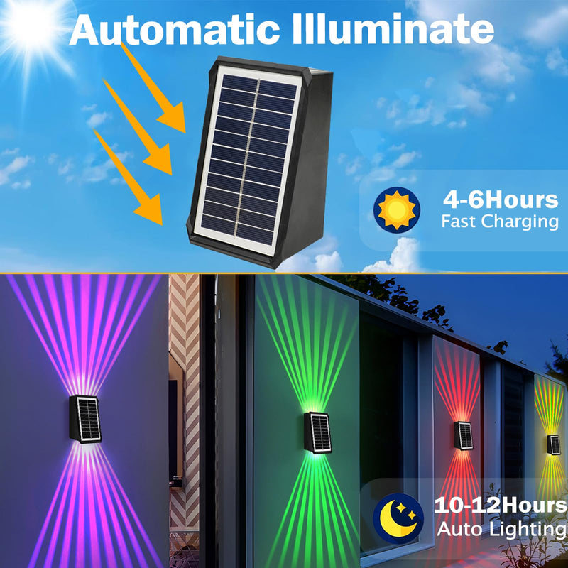 Solar Outdoor Wall Lights, Up & Down Solar Powered Lighting, Waterproof IP65 Fence Light for Yard/Pool/Porch/Patio/Railing (2 Led-RGB Light, 4 Pack) 2 Led-RGB light
