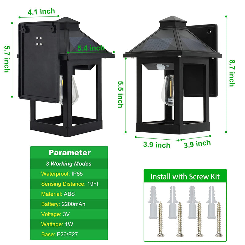 2 Pack Solar Wall Lanterns Outdoor with 3 Modes, Dusk to Dawn Motion Sensor LED Sconce Lights IP65 Waterproof, Exterior Front Porch Security Lamps Wall Mount Patio Fence Garage Decorative Black (2 Pack)