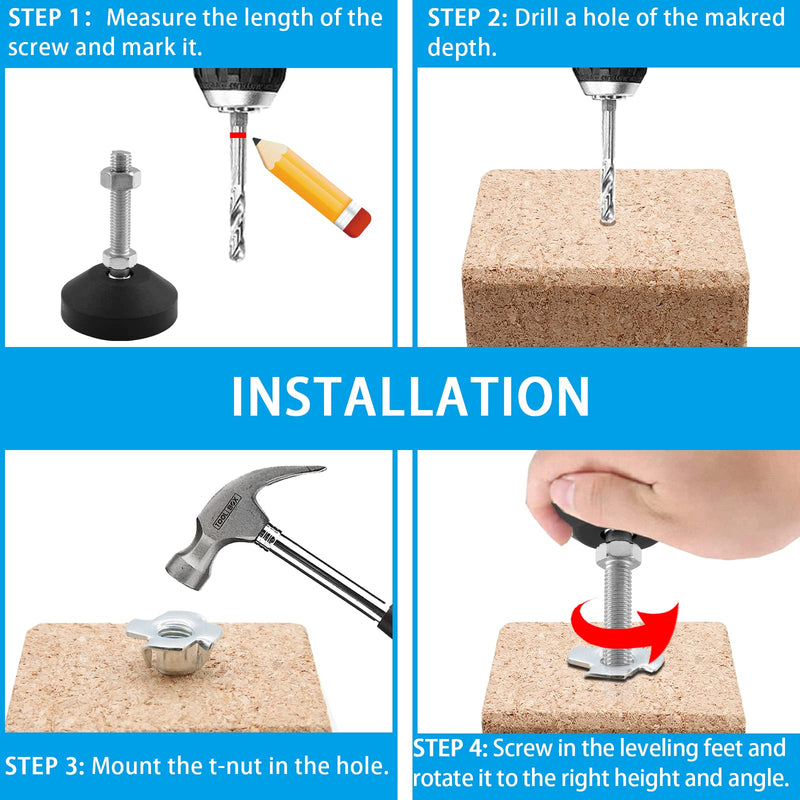 Luomorgo 4 Pcs M10 Leveling Feet with T-Nut, Anti Skid Threaded Rubber Feet, Adjustable Swivel Levelers for Furniture Feet, Heavy Duty Appliance Feet for Mechanical Equipment (D50 x M10 x H50) D50 x M10 x H50