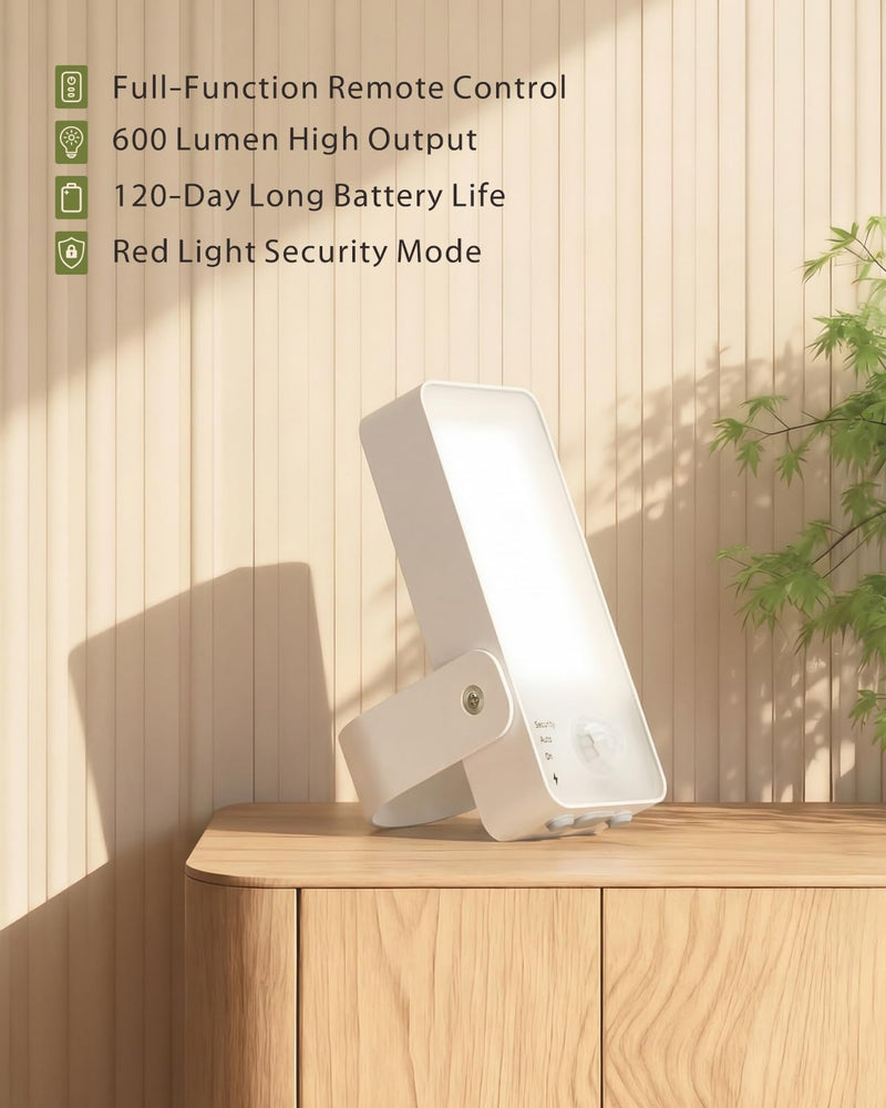 Battery Motion Sensor Light Outdoor, Motion-Sensing Security Light with Remote Control, 10000mAh 600 Lumens IP65 Waterproof, Ideal for Porches,Garages,Yards (White, 1 Pack) White