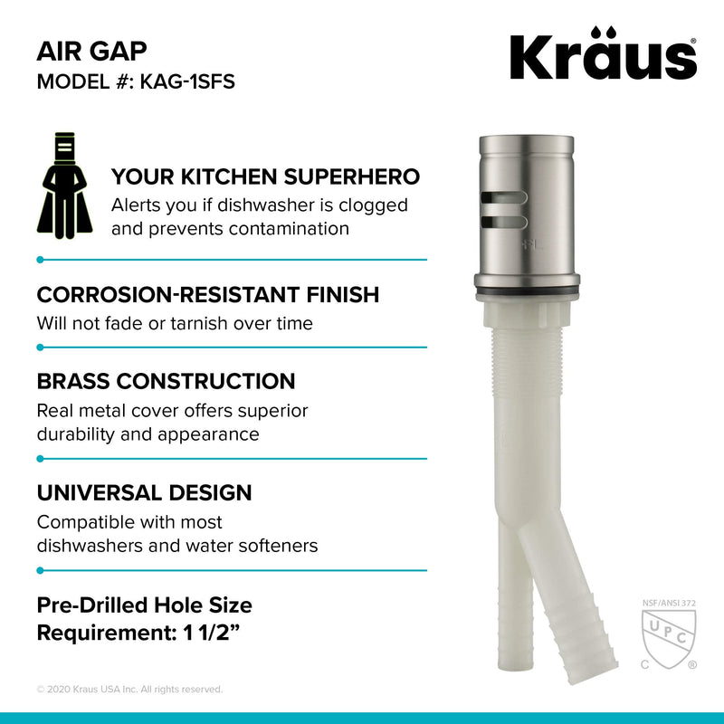 KRAUS Dishwasher Air Gap in Spot Free All-Brite™ Stainless Steel, KAG-1SFS Spot Free Stainless Steel Flat Top