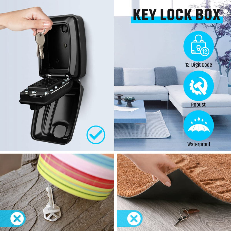 Key Lock Box for Outside, Sturdy Waterproof Wall Mount Lock Box for House Key, 12-Digit Combination Resettable Large Capacity Security Lockbox for Home, Garage, Office, Warehouse Black