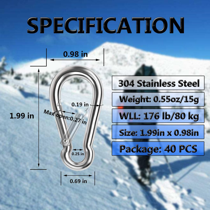 Spring Snap Hooks, 304 Stainless Steel Metal Clip Rope Connector Quick Link Clip Key Chain Link Buckle for Hammock Swing Set Outdoor Travel Camping Fishing Hiking 1.97inches(M5)-40pcs