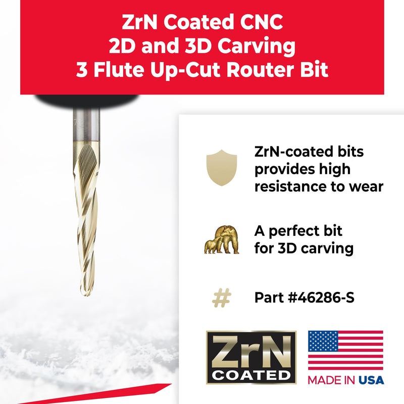 Amana Tool Up Cut Spiral CNC Router Bits for 2D/3D Carving, ZrN Coated, 46286-S, 3.6 Deg Angle Ball Nose x 1/8 D x 1/16 R x 1 x 1/4 SHK x 3 Flute 0.125 inch