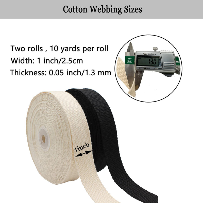 Cotton Webbing 1 Inch 2 Rolls/ 20 Yards Webbing Straps for Webbing Bag Handles, Bag Strap,Tote Bag Webbing,Cloth Belt,Arts and Crafts (Black, Natural) Black, Natural