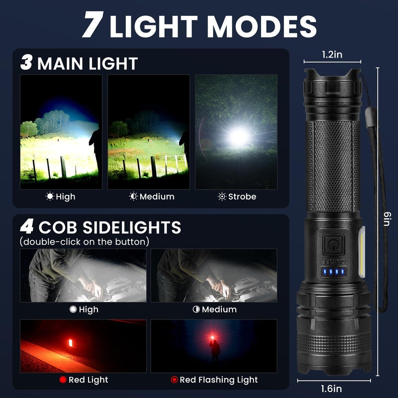 THY TRY Rechargeable LED Flashlights High Lumens, 90000LM Super Bright Flashlights with 7 Modes, High Powered Handheld Flash Light for Home Camping Hiking Night Work (2 Pack)