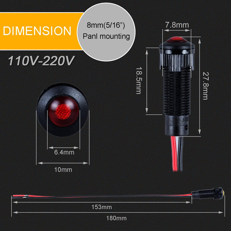 5pcs 8mm LED Indicator Light Plastic Black Signal Dot Lamp 110-220V AC 5/16" Mounting Hole Size with 15cm/5.9in. Wire (Red LED) Red 8mm 110-220V