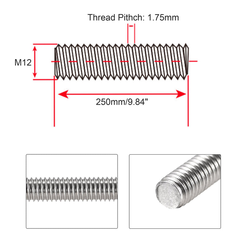 M12 x 250mm Fully Threaded Rod & Studs, 304 Stainless Steel Right Hand Threads Rods, M12-1.75 Thread Pitch for Anchor Bolts, Clamps, Hangers and U-Bolts 2 Pack M12 (2pcs)