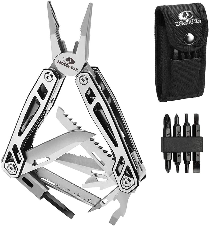 MOSSY OAK Multitool, 21-in-1 Stainless Steel Pocket Knife with Screwdriver Sleeve, Self-locking Pliers with Sheath-Perfect for Outdoor, Survival, Camping, Hiking, Simple Repair Silver