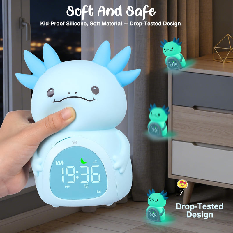 Axolotl Alarm Clock for Kids, Rechargeable Ok to Wake Clock with Night Light - BPA-Free Silicone Sleep Training Clock, Cute Toddler Wake Up Clock for Boys Girls Bedroom Blue Axolotl