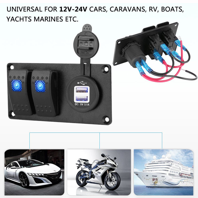 Marine Switch Panel, Dual USB Charging 3.1A 2 Gang RV Boat Switch 12V-24V Universal Voltage for Drivers Boaters RV Owners Marine Enthusiasts
