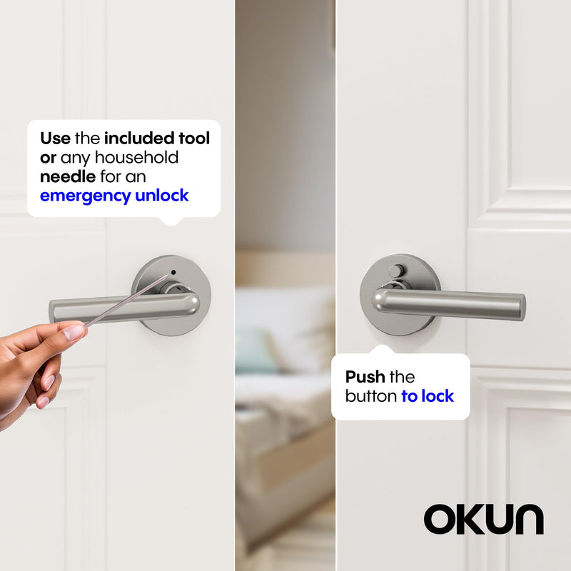 Okun Arc 1-Pack Brushed Nickel Privacy Door Levers – Push Button Lock, Reversible, Sleek Concealed-Mount Design for Bedroom & Bathroom 1 Pack
