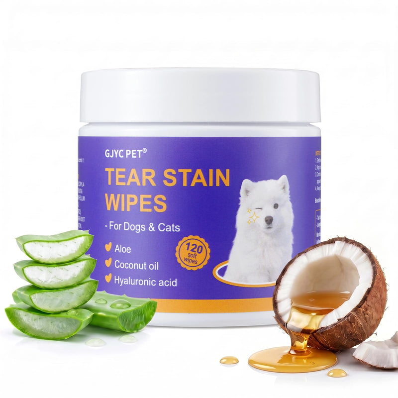 Tear Stain Remover Wipes for Dogs & Cats, Extra Thick Dog Eye Wipes with Coconut Oil, Probiotics & Aloe - Natural Pet Face Wipes for Stains, Odors & Folds - pH Balanced, 120 Count