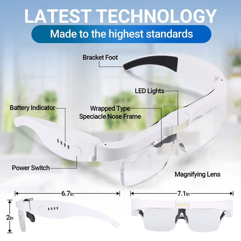 YOCTOSUN Magnifying Glass with Light, 0.75X-4.0X Magnifying Glasses, Head Magnifier Glasses with 3 LED Lights and 5 Lenses, Rechargeable Hands Free Headset Magnifier for Close Work Crafts Jewelry White
