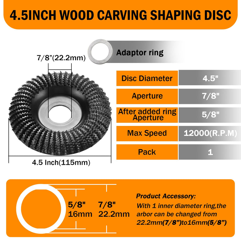 Wood Carving Disc 4.5 Inch,Wood Stump Grinder,Angle Grinding Wheel with 7/8”Arbor for Wood Carving, Shaping, Working,Tree Stump Remover（4.5'' x 7/8'' Arbor） 4-1/2'' x 7/8'' Arbor