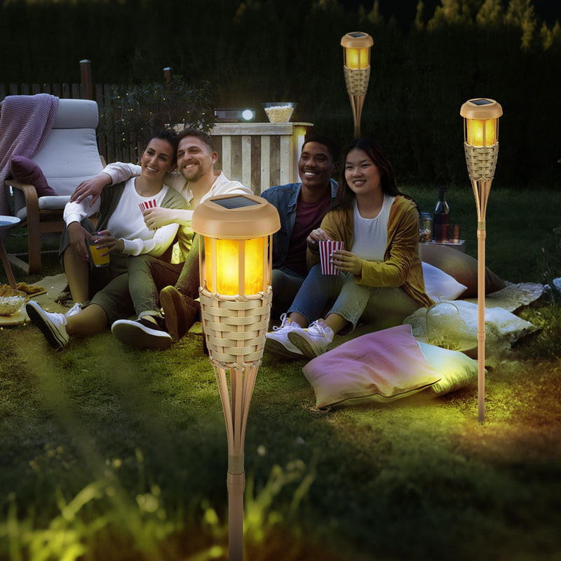 Flickering Flames Solar Powered Lights - Upgraded Solar Torches Waterproof Outdoor Decorative Lighting Auto On/Off, Handmade Bamboo Finish, 2-Pack Classic Yellow-2 Pack
