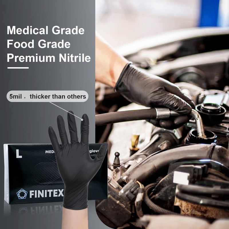 FINITEX - Black Nitrile Disposable Gloves, 5mil, Powder-free, Medical Exam Gloves Latex-Free 100 PCS For Cleaning Food (Large) Large