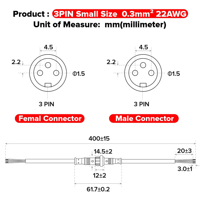 BTF-LIGHTING 3 Pin Electrical Connector 22AWG IP65 Male Female Connector 7.87in/20cm Extension Cable for Car,Truck,Boat,Indoor/Outdoor LED Strip Lights/String 15mm Nut Small Size 5 Pairs 1 to 1 3 PIN Small Size