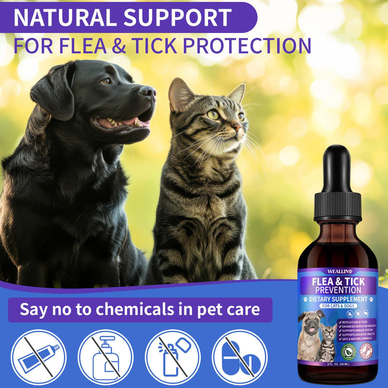 WEALLIN Flea and Tick Prevention for Cats and Dogs Natural Flea Treatment Support Drops with Multivitamin for Pets Oral Natural Supplement Flea and Tick Treatment Drops for All Breeds and Ages