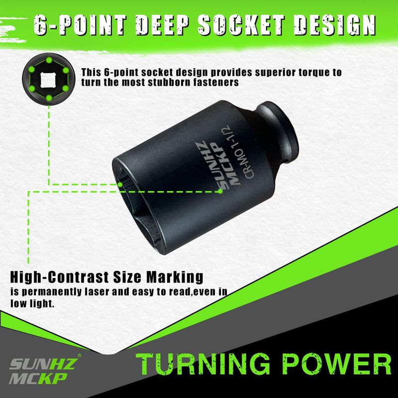 SUNHZMCKP 1/2 Inch Deep Drive Impact Socket, SAE 1-1/2 inch Socket, CR-MO, 6 Point Axle Nut Socket for Easy Removal of Axle Shaft Nuts (1-1/2 Socket)