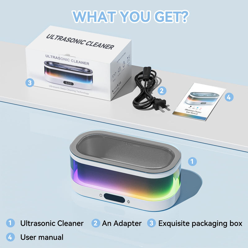 Ultrasonic Jewelry Cleaner with RGB Ambient Light, 48KHz Ultrasonic Cleaner for Jewelry, Glasses, Retainers, Dentures, Rings & Watches, 350ML SUS304 Stainless Steel Cleaning Machine, White