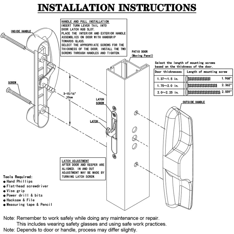 Sliding Glass Patio Door Handle Replacement Set with Mortise Lock 45° Keyway, Non-Keyed Pull Handles, Fits 3-15/16" Hole Spacing, 1-1/4" to 2" Thick Doors, Non-Handed, White Non-Keyed Handles + Mortise Lock