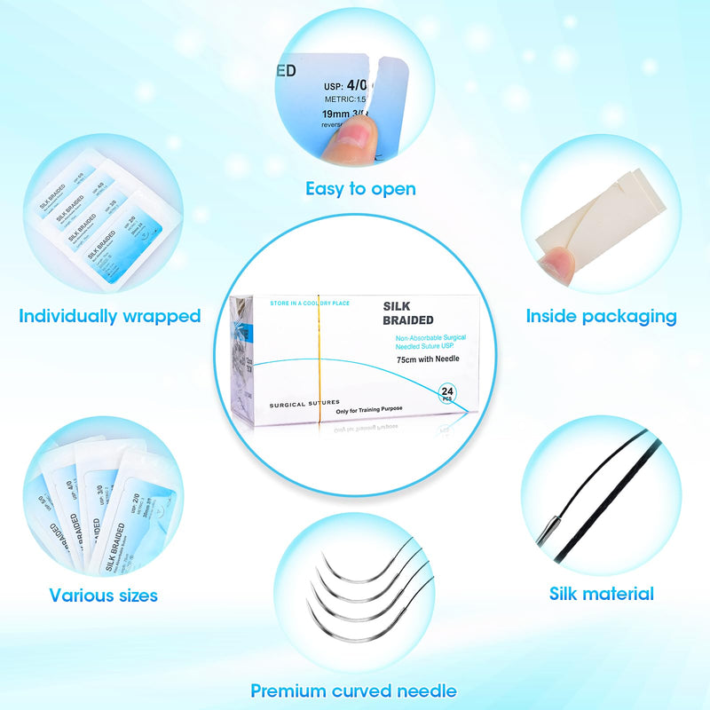 Sutures Practice Thread with Needle - 24 Mixed (2/0, 3/0, 4/0, 5/0) Suture Kit, Silk Braided Suturing Practicing for Students Training Only Silk 24 Mixed(2/0, 3/0, 4/0, 5/0)
