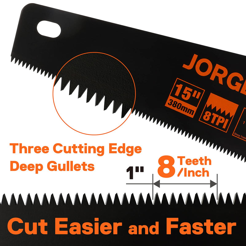 JORGENSEN 15” Hand Saw, Black Coated Coarse Handsaw 8TPI for Wood Cutting, Ergonomic Non-Slip Aluminum Handle for Sawing, Trimming, Gardening, Pruning, PVC
