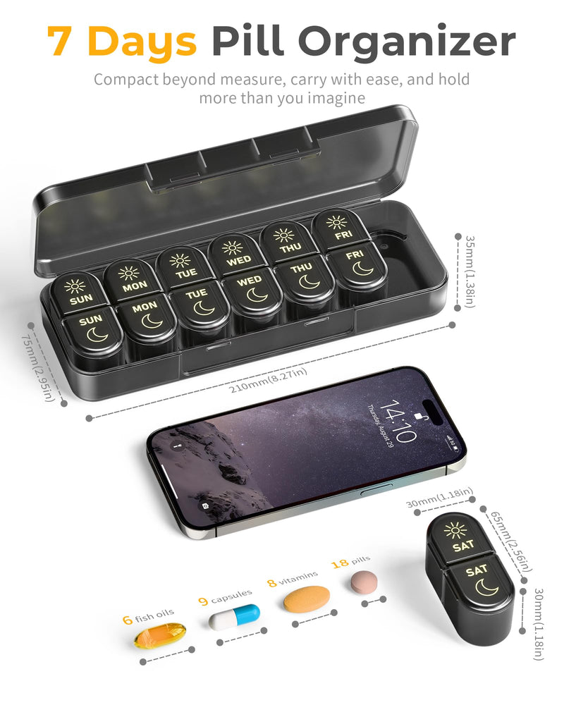 Weekly Pill Organizer 2 Times a Day, AM PM Pill Organizer 7 Day, Large Pill Box 7 Day, Travel Pill Case Daily, Black Privacy Protection Medicine Container for Medication, Vitamins, Supplements